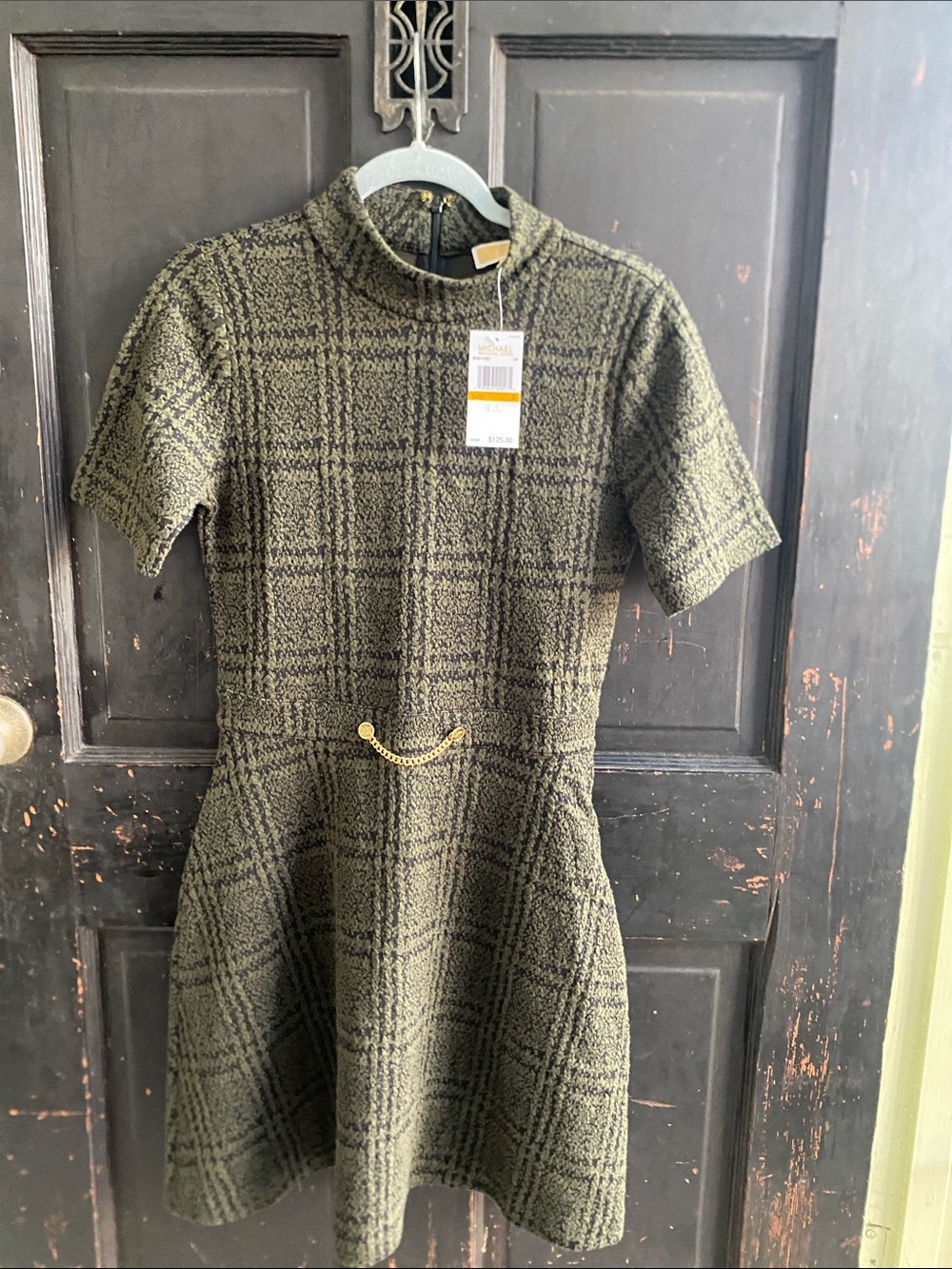 Michael Kors Olive Plaid Knit Dress with Gold Chain
